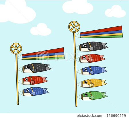 一組描繪鯉魚飄帶在藍天白雲中游動的插圖。 一組描繪鯉魚飄帶在藍天白雲中游動的插圖。 136690259