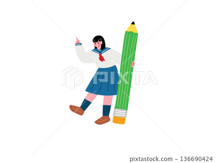 拿著鉛筆的女學生插畫素材 136690424