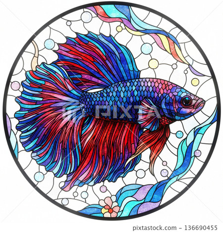 一幅夏日景象的彩色玻璃風格插圖，描繪了一條鬥魚在水中游動的畫面。 136690455