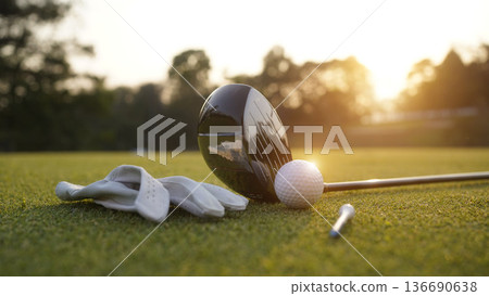 Golf clubs and golf balls on a green lawn in a beautiful golf course with morning sunshine. 136690638