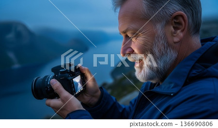 Senior caucasian man with gray beard reviewing photos on digital camera display outdoors during blue hour mountain landscape photography session 136690806