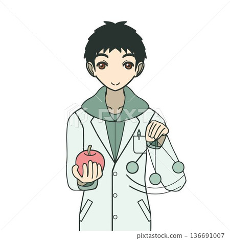 Illustration of a male physicist holding an apple and a pendulum Science Education Illustration of a male physicist holding an apple and a pendulum Science Education 136691007