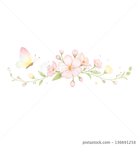 蝴蝶花框橫向粉彩水彩春季自然插畫剪貼素材 136691258