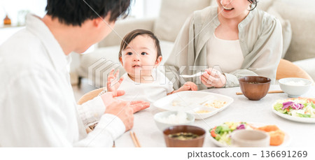 Mother and father feeding baby food at the dinner table (childcare and parenting) Mother and father feeding baby food at the dinner table (childcare and parenting) 136691269