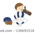 A baseball boy sitting on the ground with a towel around his neck to hydrate 136691518