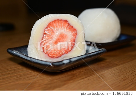 "Strawberry Daifuku" with a beautiful cross section of large, bright red strawberries "Strawberry Daifuku" with a beautiful cross section of large, bright red strawberries 136691833
