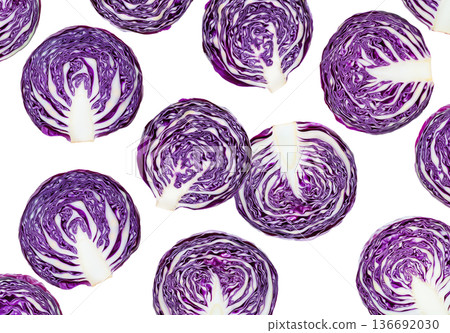 Sliced red cabbage halves displayed in a seamless pattern, isolated on white background, concept of healthy organic food Sliced red cabbage halves displayed in a seamless pattern, isolated on white background, concept of healthy organic food 136692030