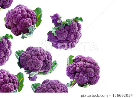Fresh purple cauliflower heads with green leaves, isolated on white background, concept of healthy organic vegetables Fresh purple cauliflower heads with green leaves, isolated on white background, concept of healthy organic vegetables 136692034