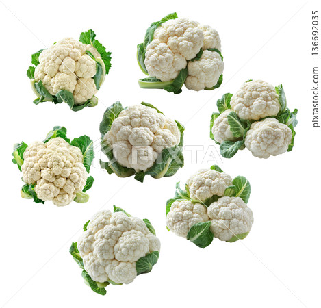 Multiple fresh cauliflower heads with green leaves isolated on a white background, concept of healthy organic vegetables Multiple fresh cauliflower heads with green leaves isolated on a white background, concept of healthy organic vegetables 136692035