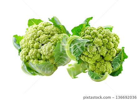 Multiple fresh green cauliflower heads isolated on white background, concept of healthy food and vegetables Multiple fresh green cauliflower heads isolated on white background, concept of healthy food and vegetables 136692036