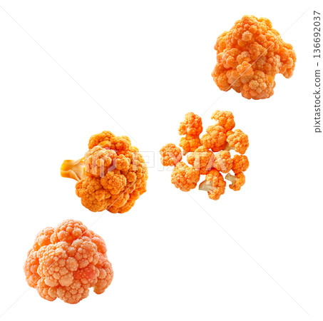 Multiple orange cauliflower florets displayed in seamless organic pattern style on white background, concept of healthy food Multiple orange cauliflower florets displayed in seamless organic pattern style on white background, concept of healthy food 136692037