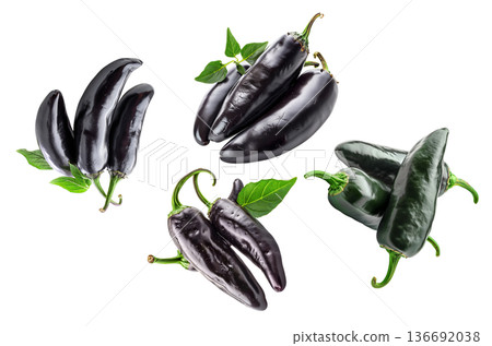 Fresh black jalapeno peppers with green stems and leaves arranged and isolated on white background, concept for food themes 136692038