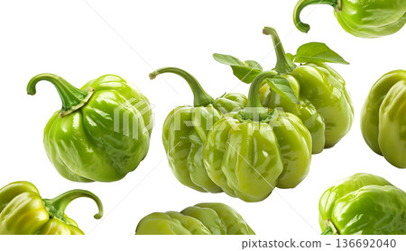 Multiple fresh green bell peppers isolated white background, concept of organic food and freshness 136692040
