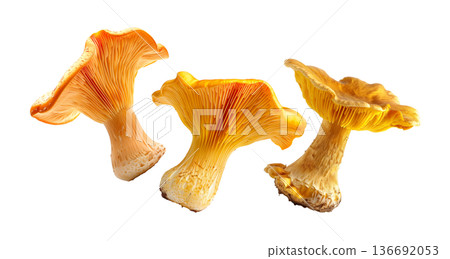 Fresh golden chanterelle mushrooms scattered in a seamless pattern, isolated on white background. Concept of organic forest food Fresh golden chanterelle mushrooms scattered in a seamless pattern, isolated on white background. Concept of organic forest food 136692053