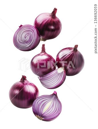 Multiple whole and sliced red onions isolated on white background, showcasing fresh food and culinary concept Multiple whole and sliced red onions isolated on white background, showcasing fresh food and culinary concept 136692059