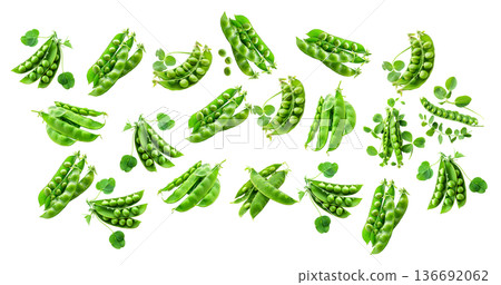 Fresh green pea pods with dew and leaves arranged in a seamless pattern on white background. Concept of healthy organic food Fresh green pea pods with dew and leaves arranged in a seamless pattern on white background. Concept of healthy organic food 136692062