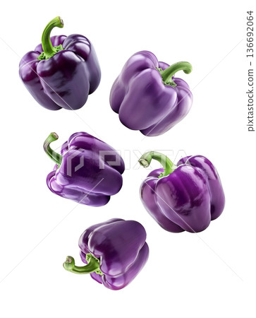 Multiple purple bell peppers arranged in a seamless, isolated on white background, concept of healthy food and vegetables 136692064