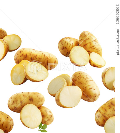 Fresh raw potatoes with skin, scattered and isolated on white background, concept of organic food ingredients Fresh raw potatoes with skin, scattered and isolated on white background, concept of organic food ingredients 136692068