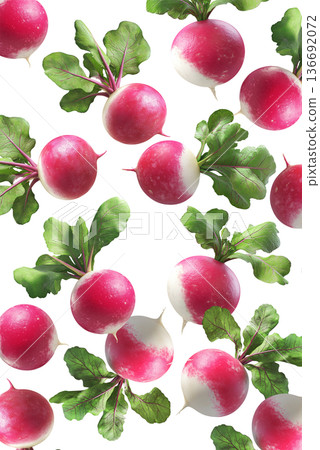 Fresh whole radishes with green leaves scattered and isolated on a white background, realistic style, healthy food concept pattern Fresh whole radishes with green leaves scattered and isolated on a white background, realistic style, healthy food concept pattern 136692072