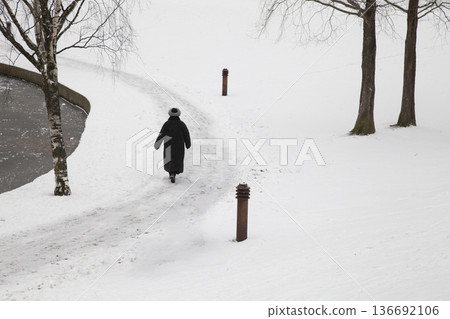 Older woman walking in a park in winter Older woman walking in a park in winter 136692106