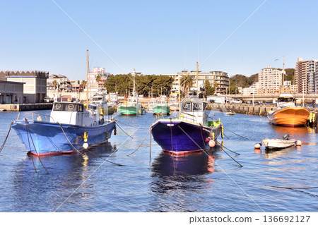 Colorful fishing boats anchored at Katase fishing port Colorful fishing boats anchored at Katase fishing port 136692127
