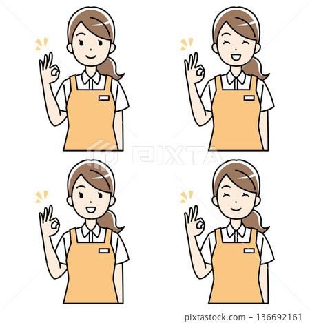 Illustration of a woman in an apron smiling and making an OK sign Illustration of a woman in an apron smiling and making an OK sign 136692161