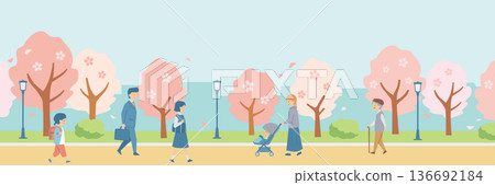 Banner illustration of people commuting to work or school walking along a row of cherry blossom trees Banner illustration of people commuting to work or school walking along a row of cherry blossom trees 136692184