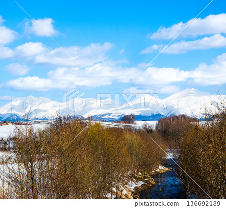 冬日晴空萬裡，北海道美瑛市沖串川和十勝山脈的景色 136692189