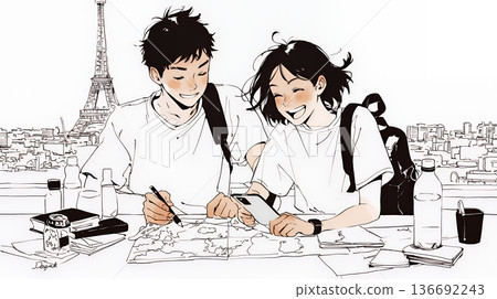 一對年輕情侶計劃一起旅行(色彩簡潔) 一對年輕情侶計劃一起旅行(色彩簡潔) 136692243