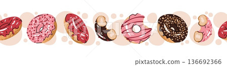 Seamless Border With Colorful Donuts In Flat Style. Repeating Sweet Pastry Pattern For Coffee Shop Wallpaper, Bakery Packaging, Cafe Menu And Decor Design. Delicious Branding Concept. 136692366