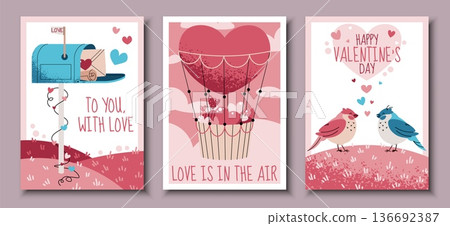 Set Of Valentine's Day Greeting Cards In Flat Style. Mailbox With Love Letter, Heart Balloon And Lovebirds. Template For Banners, Posters, Covers, Advertising And Branding. Set Of Valentine's Day Greeting Cards In Flat Style. Mailbox With Love Letter, Heart Balloon And Lovebirds. Template For Banners, Posters, Covers, Advertising And Branding. 136692387