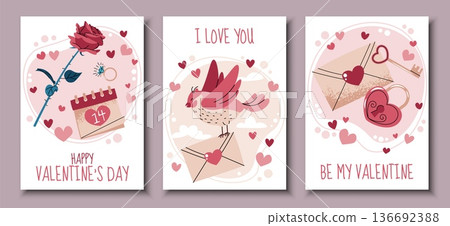 Set Of Valentine's Day Greeting Cards. Cute Bird With Love Letter, Rose, Envelope And Hearts In Flat Style. Template For Banners, Posters, Covers, Advertising And Branding. 136692388