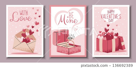 Set Of Valentine's Day Greeting Cards In Flat Style. Opened Envelope With Hearts, Gift Box With Flying Hearts And Diamond Engagement Ring. Template For Banners, Posters, Covers, Advertising 136692389