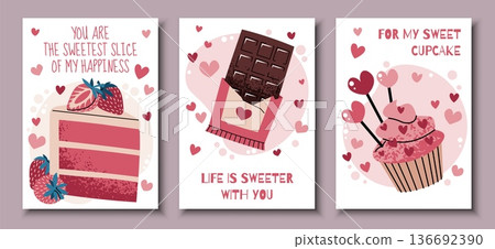 Set Of Valentine's Day Greeting Cards In Flat Style. Slice Of Strawberry Cake, Cream Cupcake And Chocolate Bar. Sweet Love. Template For Banners, Posters, Covers, Advertising And Branding Set Of Valentine's Day Greeting Cards In Flat Style. Slice Of Strawberry Cake, Cream Cupcake And Chocolate Bar. Sweet Love. Template For Banners, Posters, Covers, Advertising And Branding 136692390