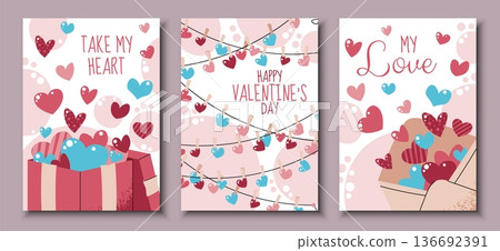 Set Of Valentine's Day Greeting Cards In Flat Style. Gift Box With Flying Hearts, Envelope And Heart Garland. Romantic Celebration Template For Banners, Posters, Covers, Advertising And Branding. Set Of Valentine's Day Greeting Cards In Flat Style. Gift Box With Flying Hearts, Envelope And Heart Garland. Romantic Celebration Template For Banners, Posters, Covers, Advertising And Branding. 136692391