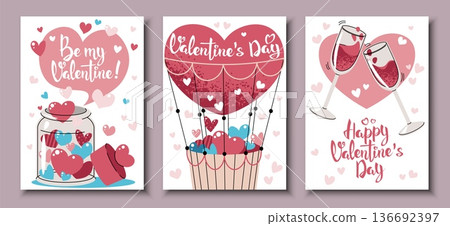 Set Of Valentine's Day Greeting Cards In Flat Style. Jar Full Of Hearts, Clinking Wine Glasses And Hot Air Balloon. Romantic Whimsy Template For Banners, Posters, Covers, Advertising And Branding 136692397