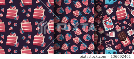 Set of Seamless Valentine's Day Patterns in Flat Style. Berry Cake Slice, Strawberry, Cupcake, Chocolate, Lollipop. Romantic Dessert Design. Perfect Texture for Gift Wrap, Wallpaper, Fabric, Packaging 136692401