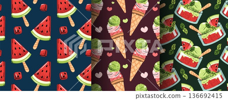 Set of Seamless Patterns with Watermelon Ice Cream, Sorbet and Summer Treats in Flat Style. Sweet Texture for Social Media Graphics, Background, Digital Menu, Beach Cafe Merchandise and Product Design 136692415