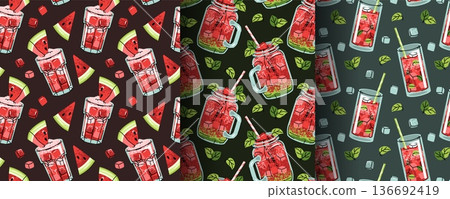 Set of Seamless Patterns with Watermelon Drinks, Mint and Ice Cubes in Flat Style. Refreshing Summer Beverage Texture for Cafe Menu, Packaging, Textile and Seasonal Decor. Set of Seamless Patterns with Watermelon Drinks, Mint and Ice Cubes in Flat Style. Refreshing Summer Beverage Texture for Cafe Menu, Packaging, Textile and Seasonal Decor. 136692419
