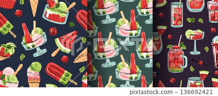 Set of Seamless Patterns with Watermelon Ice Cream and Summer Drinks in Flat Style. Refreshing Sweet Texture for Beverage Branding, Packaging, Textile, Beach Cafe, Menu Design and Party Decor. Set of Seamless Patterns with Watermelon Ice Cream and Summer Drinks in Flat Style. Refreshing Sweet Texture for Beverage Branding, Packaging, Textile, Beach Cafe, Menu Design and Party Decor. 136692421