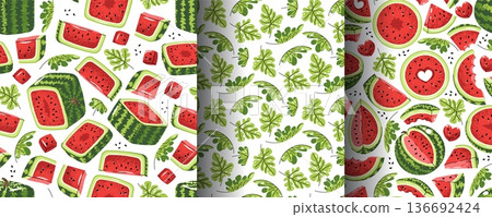 Set Of Seamless Patterns With Assorted Watermelon Slices And Leaves In Flat Style. Repeating Summer Texture For Fresh Branding, Scrapbooking, Textile Design, Wallpaper And Packaging. Set Of Seamless Patterns With Assorted Watermelon Slices And Leaves In Flat Style. Repeating Summer Texture For Fresh Branding, Scrapbooking, Textile Design, Wallpaper And Packaging. 136692424