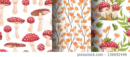 Set Of Seamless Patterns With Mushrooms And Autumn Leaves In Flat Style. Seasonal Fly Agaric Texture For Paper, Packaging, Wallpaper, Textile And Design. Forest Background Concept Set Of Seamless Patterns With Mushrooms And Autumn Leaves In Flat Style. Seasonal Fly Agaric Texture For Paper, Packaging, Wallpaper, Textile And Design. Forest Background Concept 136692446