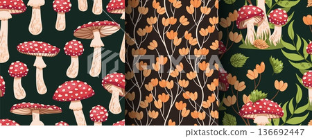 Set Of Seamless Patterns With Mushrooms And Autumn Leaves In Flat Style. Seasonal Fly Agaric Texture For Paper, Packaging, Wallpaper, Textile And Design. Forest Background Concept Set Of Seamless Patterns With Mushrooms And Autumn Leaves In Flat Style. Seasonal Fly Agaric Texture For Paper, Packaging, Wallpaper, Textile And Design. Forest Background Concept 136692447