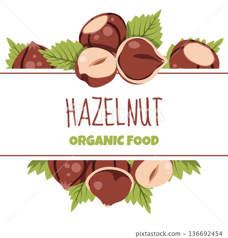 Hazelnut and Leaves Square Frame Template for Professional Food Packaging, Custom Product Labels, Poster and Banner Design 136692454