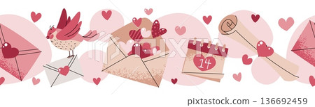 Seamless Valentines Day Border With Love Letter Envelope, Hearts And Bird In Flat Style. Repeating Romantic Message Pattern For Washi Tape, Piping, Textile, Gift Wrap, Wallpaper And Craft Seamless Valentines Day Border With Love Letter Envelope, Hearts And Bird In Flat Style. Repeating Romantic Message Pattern For Washi Tape, Piping, Textile, Gift Wrap, Wallpaper And Craft 136692459