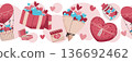 Seamless Valentines Day Border With Gift Box, Bouquet And Present In Flat Style. Repeating Romantic Gift Pattern For Washi Tape, Piping, Textile, Gift Wrap, Wallpaper And Craft Projects. 136692462
