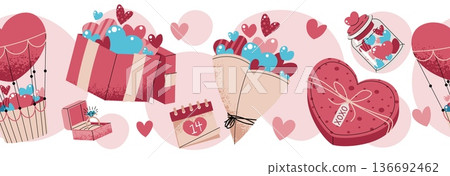 Seamless Valentines Day Border With Gift Box, Bouquet And Present In Flat Style. Repeating Romantic Gift Pattern For Washi Tape, Piping, Textile, Gift Wrap, Wallpaper And Craft Projects. 136692462
