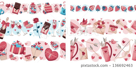 Set Of Seamless Borders With Strawberries, Love Letter, Cupids Bow, Sweets, Cake, Champagne And Gifts In Flat Style. Repeating Pattern For Valentines Day Branding, Gift Packaging, Party Decor 136692463