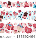 Set Of Seamless Borders With Sweets, Cake, Champagne, Gifts, Bouquet And Hearts In Flat Style. Repeating Pattern For Valentines Day Branding, Gift Packaging, Party Decor And Festive Surface Design. Set Of Seamless Borders With Sweets, Cake, Champagne, Gifts, Bouquet And Hearts In Flat Style. Repeating Pattern For Valentines Day Branding, Gift Packaging, Party Decor And Festive Surface Design. 136692464