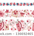 Set Of Seamless Borders With Strawberries, Love Letter, Cupids Bow And Hearts In Flat Style. Repeating Pattern For Valentines Day Branding, Packaging, Textile Design And Romantic Decor Set Of Seamless Borders With Strawberries, Love Letter, Cupids Bow And Hearts In Flat Style. Repeating Pattern For Valentines Day Branding, Packaging, Textile Design And Romantic Decor 136692465